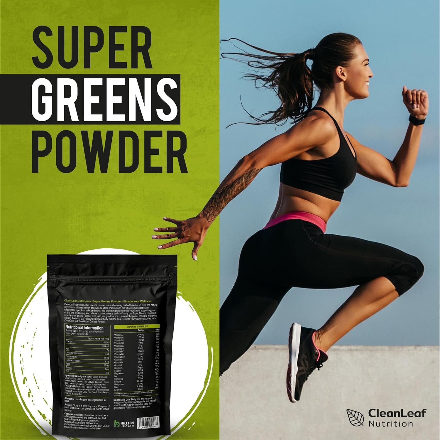 Cleanleaf Nutrition Super Greens Powder | 29 Advanced Greens, Superfoods, and Adaptogens Including Ashwagandha | Vegan & Gluten-Free | Great for Gut Health | Crafted with Elite Health in Mind | UK