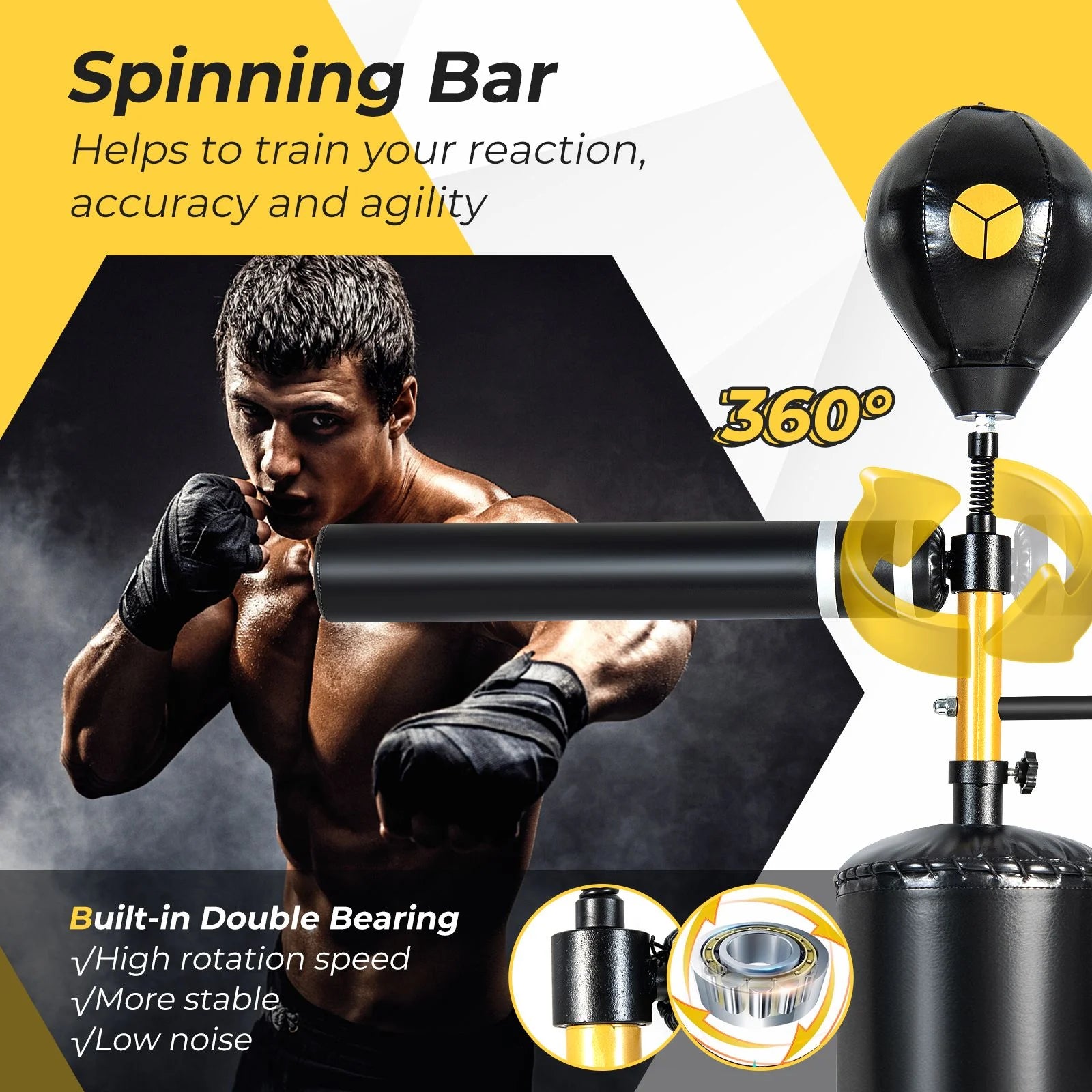 Boxing Speed Trainer with 360° Spinning Bar and Dual Boxing Speed Balls